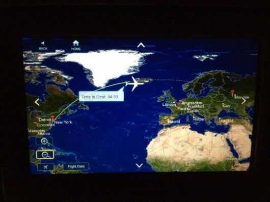 A arcing pathway of our flight from New York to Moscow.
