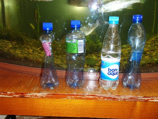 A comparison of all my water bottles in front of the new aquarium inside Orbita.