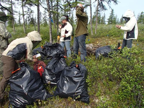 Bags and bundles of dried vegetation fuel were carried to the burn site.