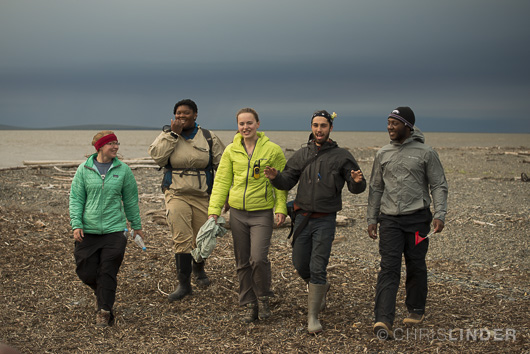 Core students return to the barge from their last hike on the tundra.